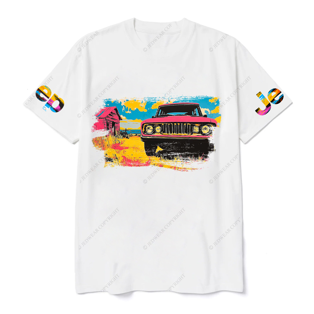 Vibrant Pink Car in a Colorful Landscape Jp T-Shirt