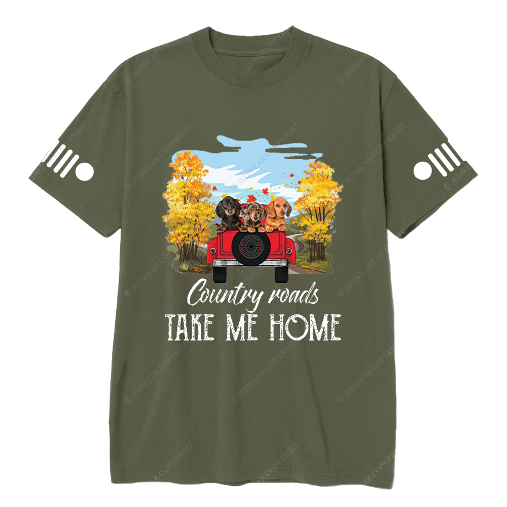 Car Dachshunds Country Roads Take Me Home Jp T-Shirt