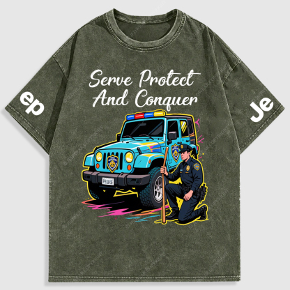 Serve Protect  And Conquer Police Car Policeman Washed T-Shirt