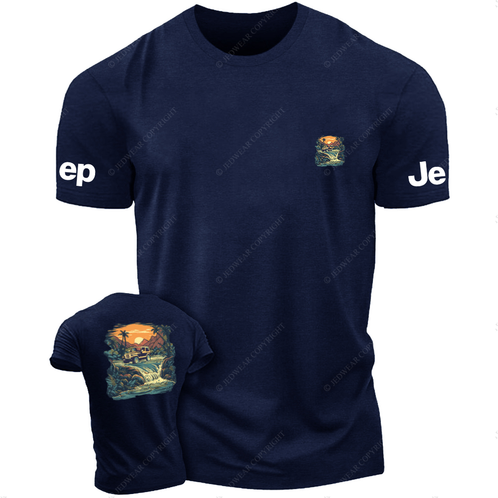 Four-Wheeled Vehicle Driving In Water Sunset Palm Trees Stones JP T-Shirt