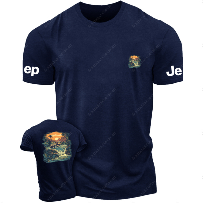Four-Wheeled Vehicle Driving In Water Sunset Palm Trees Stones JP T-Shirt