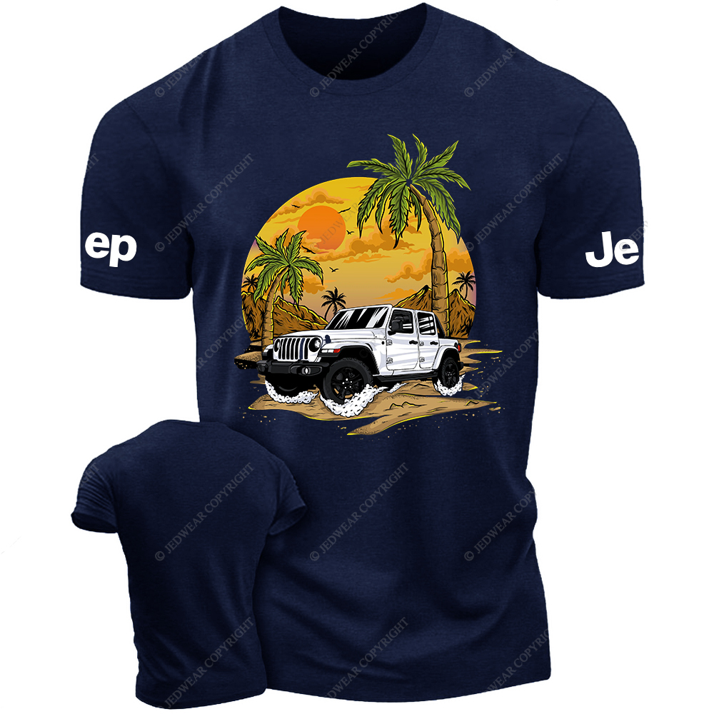 White Car Sun Mountain Coconut Trees Jp T-Shirt