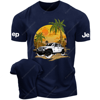 White Car Sun Mountain Coconut Trees Jp T-Shirt