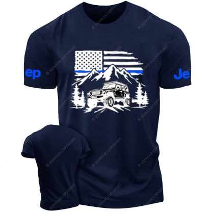Jp Police Blue Line American Flag Mountains Silhouette T-Shirt Jp T-Shirt
