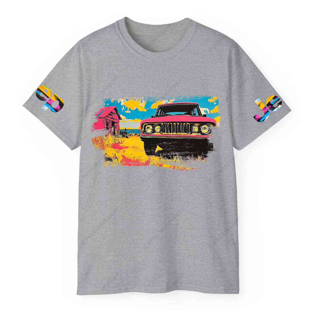 Vibrant Pink Car in a Colorful Landscape Jp T-Shirt
