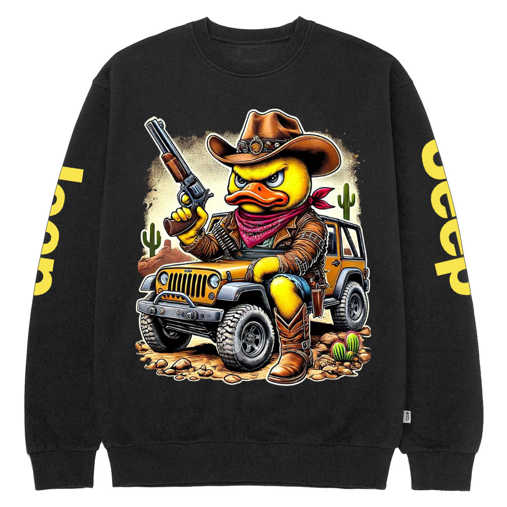 Angry Cowboy Duck on a Rugged Jp Crew Neck Sweatshirt