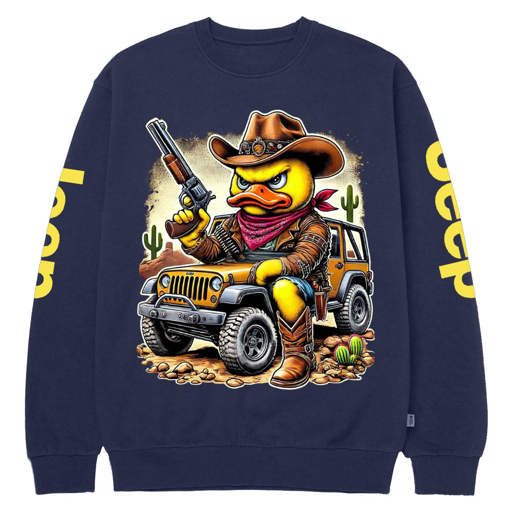 Angry Cowboy Duck on a Rugged Jp Crew Neck Sweatshirt
