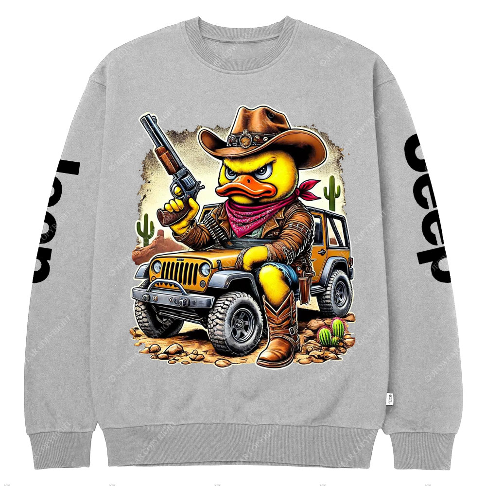 Angry Cowboy Duck on a Rugged Jp Crew Neck Sweatshirt
