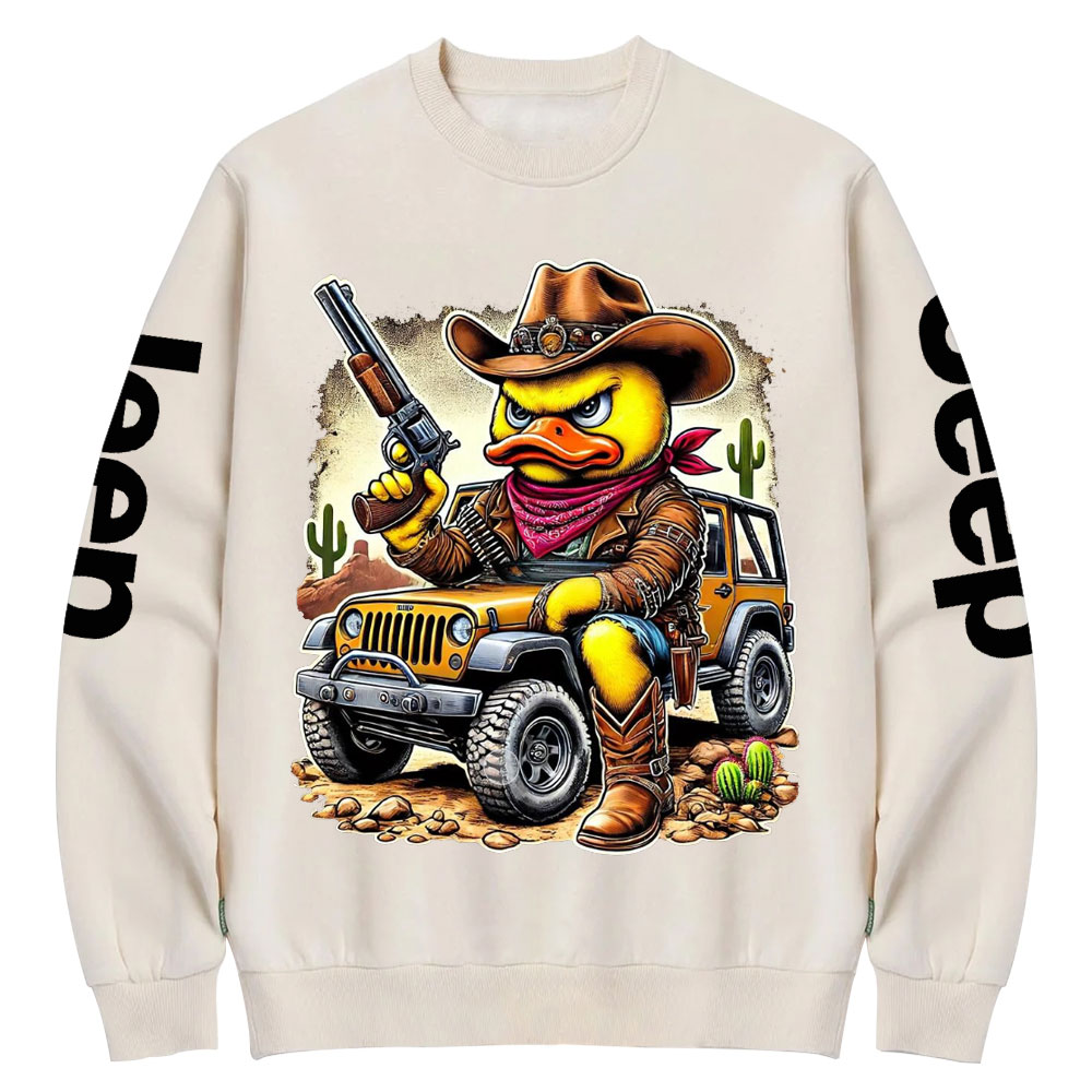 Angry Cowboy Duck on a Rugged Jp Crew Neck Sweatshirt