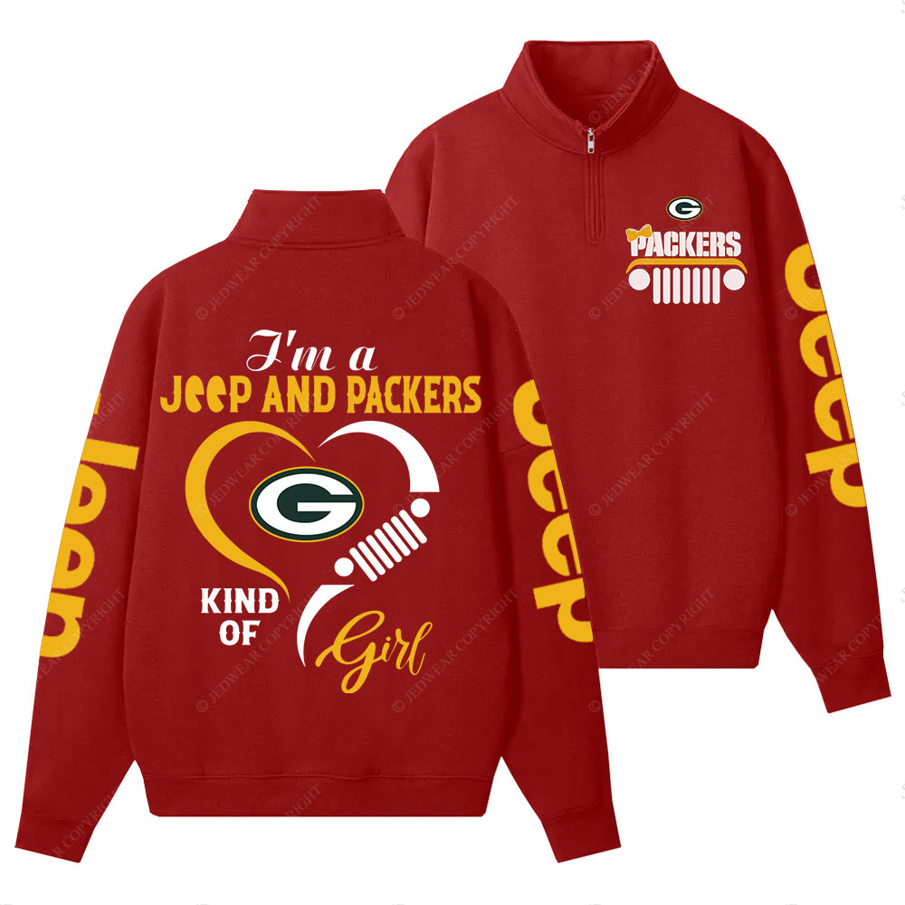 Green Bay Packers Football Team Heart Jp Girl Half-Zip Jacket Sweatshirt