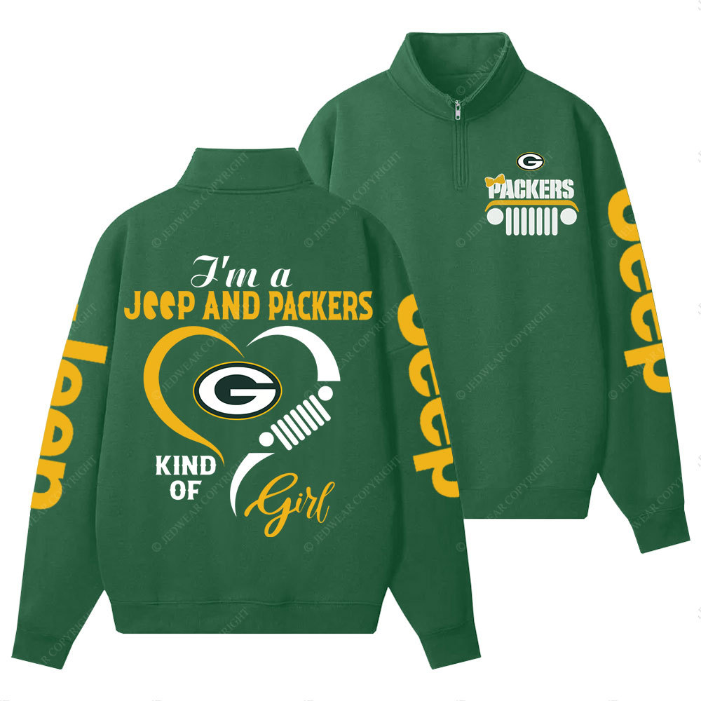 Green Bay Packers Football Team Heart Jp Girl Half-Zip Jacket Sweatshirt