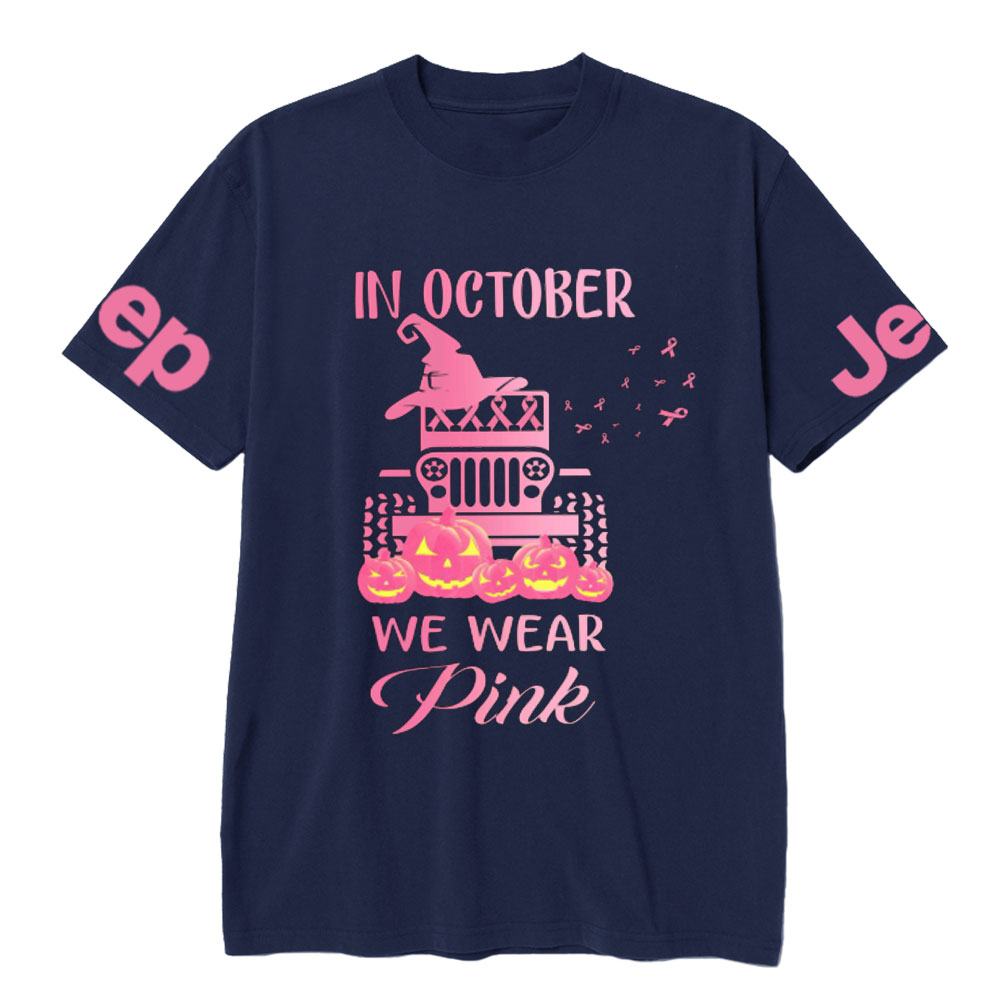 In October We Wear Pink Evil Pumpkin Halloween T-Shirt