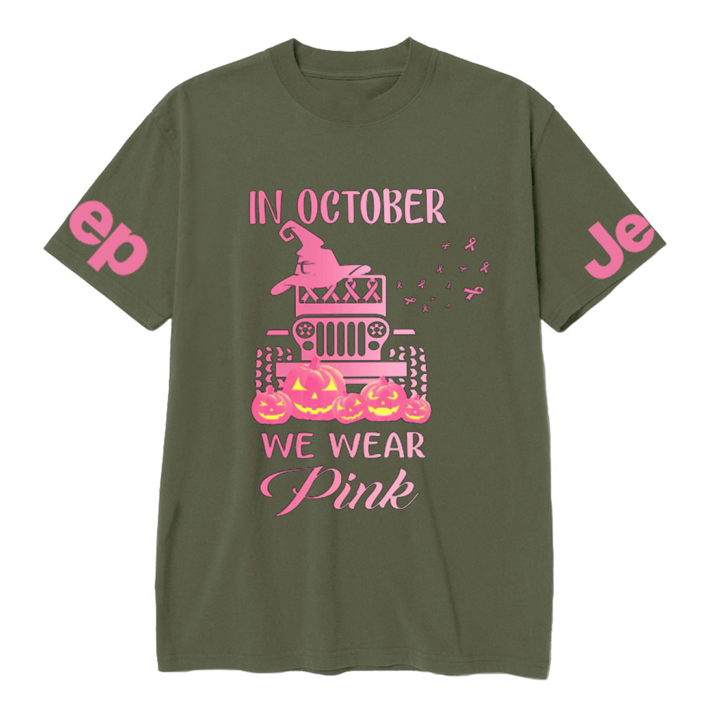 In October We Wear Pink Evil Pumpkin Halloween T-Shirt