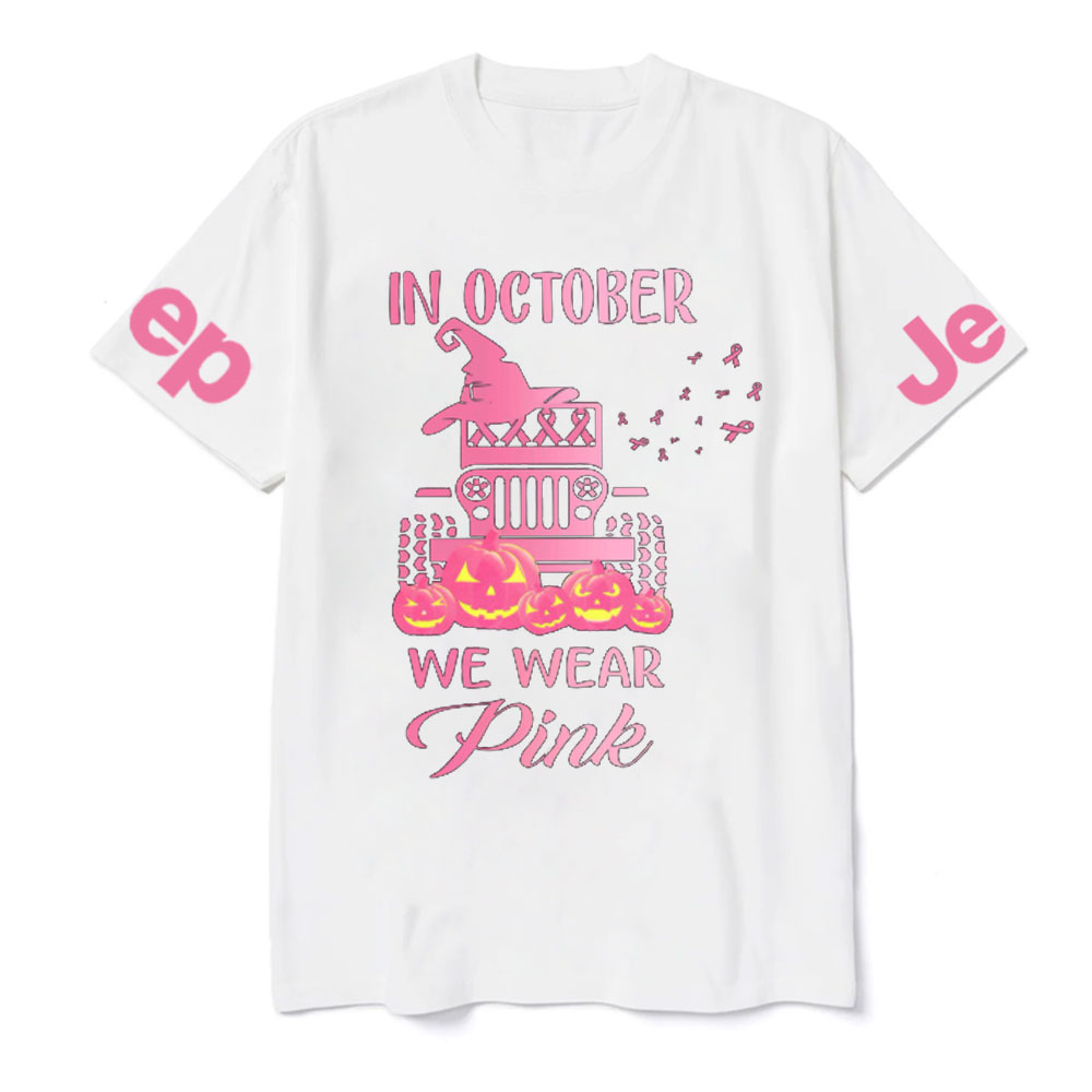 In October We Wear Pink Evil Pumpkin Halloween T-Shirt