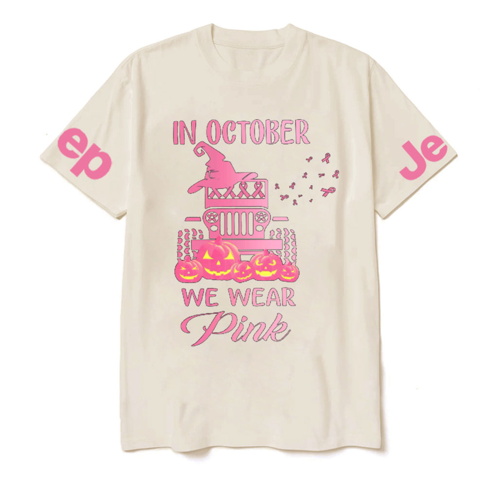 In October We Wear Pink Evil Pumpkin Halloween T-Shirt