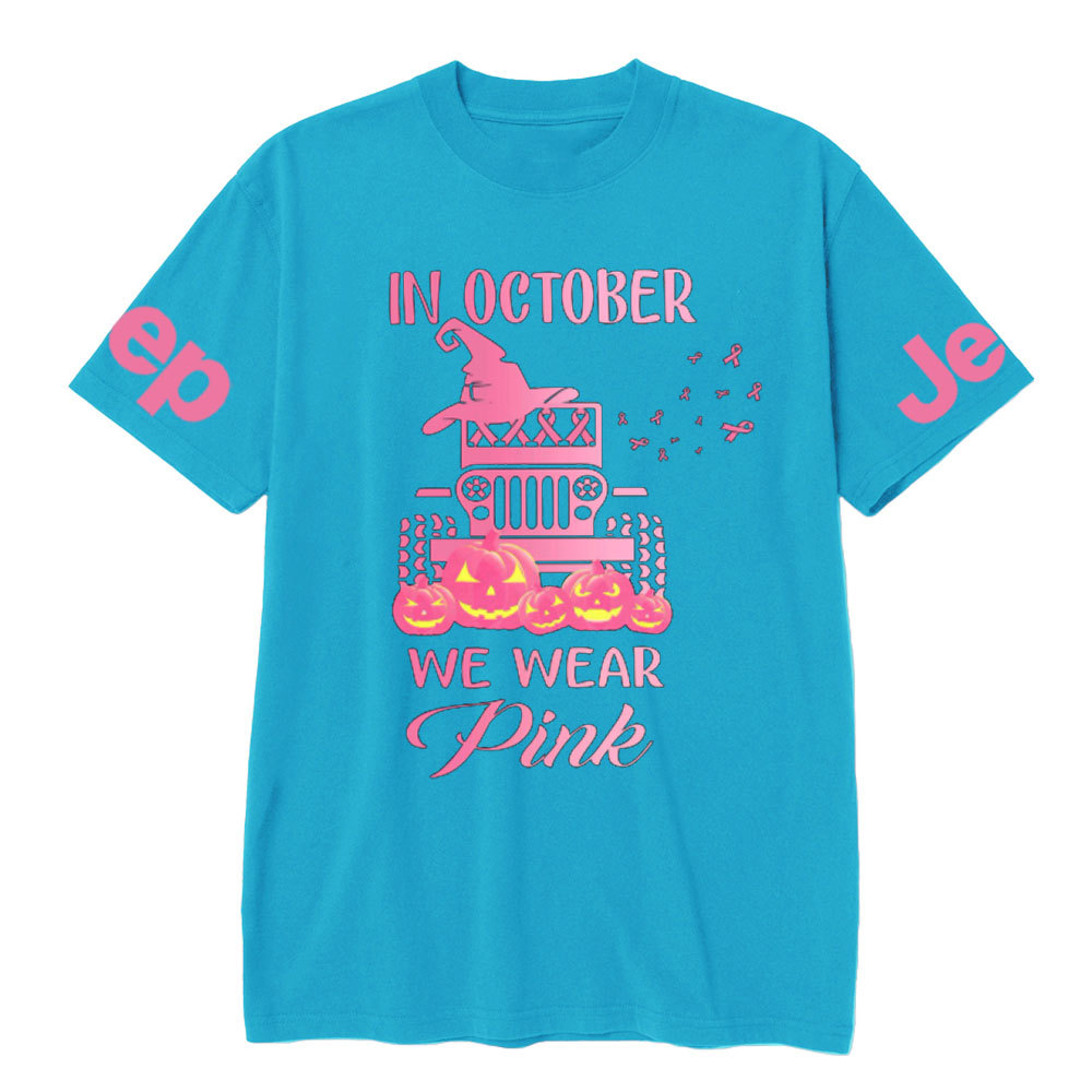 In October We Wear Pink Evil Pumpkin Halloween T-Shirt