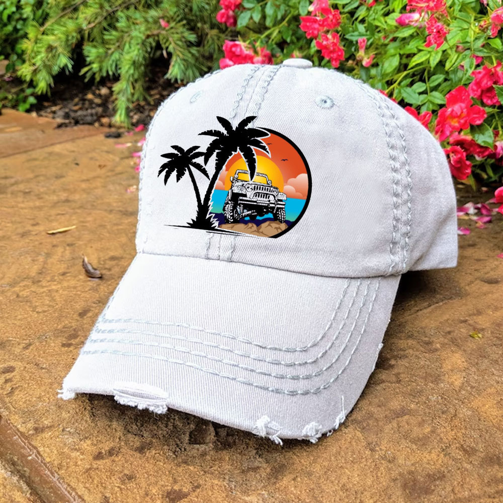 Palm Tree, Sunset, Jp and Beach Baseball Cap