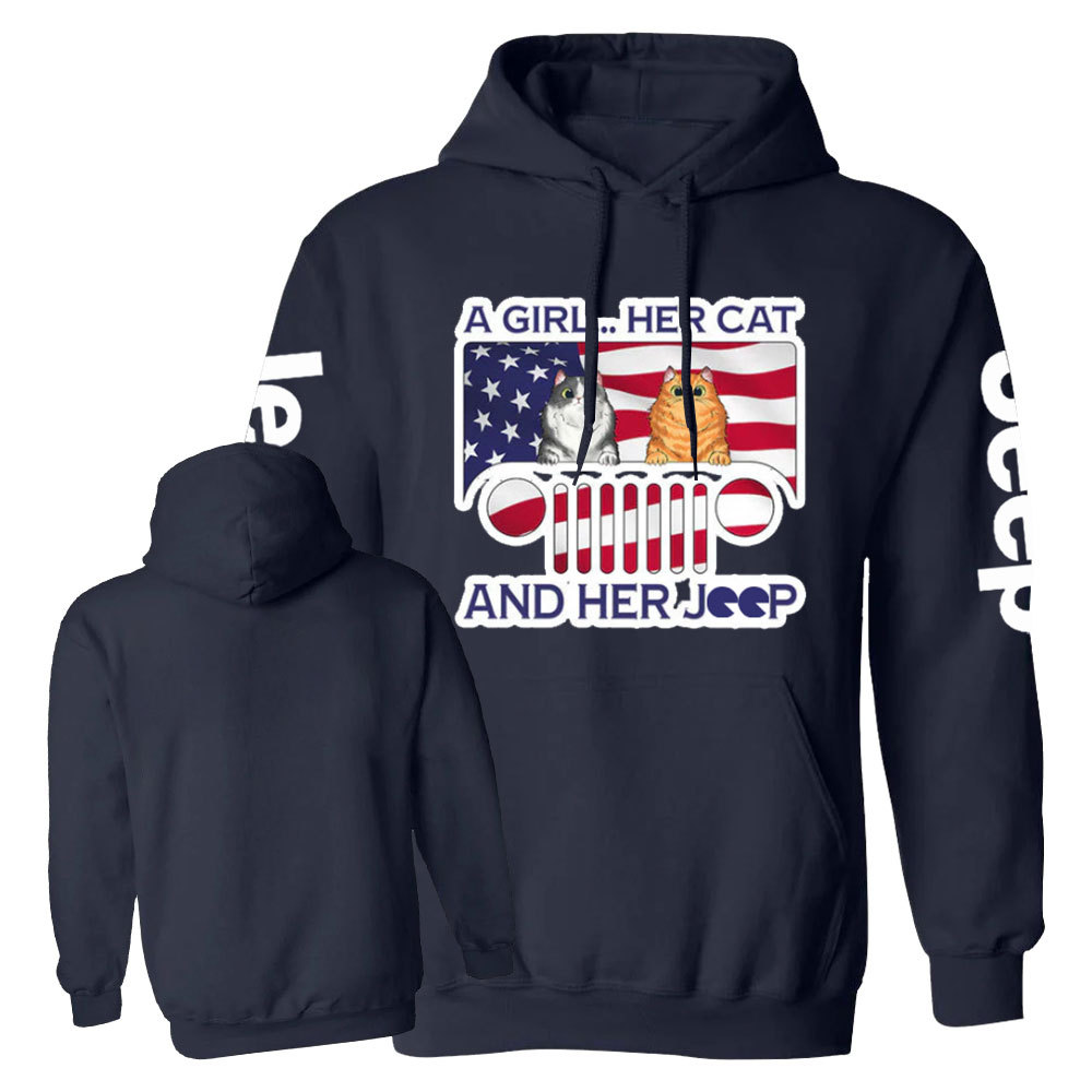 Girl Cat and American Flag Jp Casual Hoodie