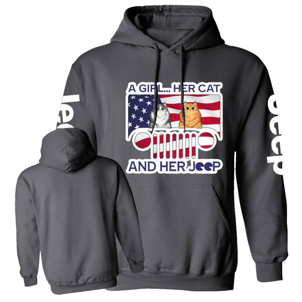 Girl Cat and American Flag Jp Casual Hoodie