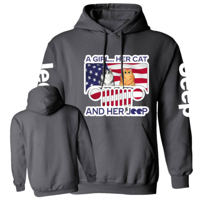 Girl Cat and American Flag Jp Casual Hoodie