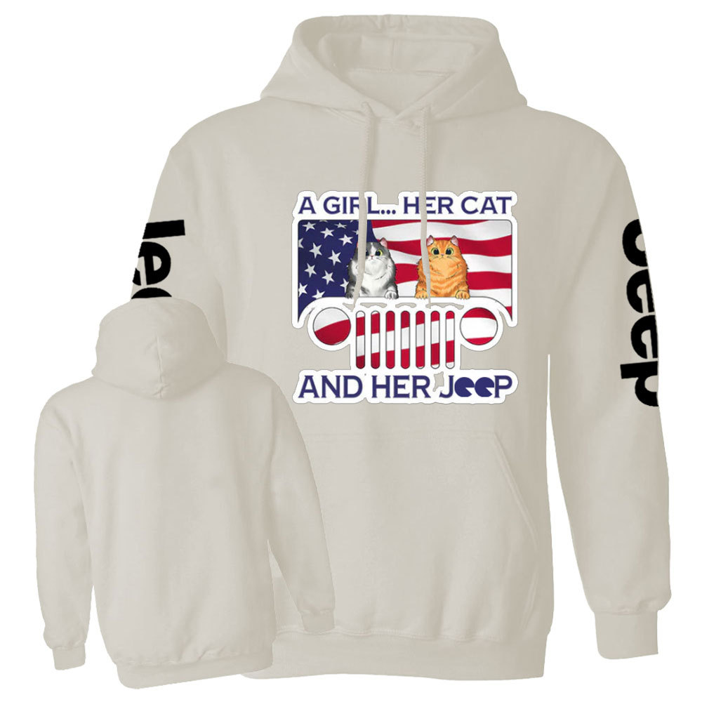 Girl Cat and American Flag Jp Casual Hoodie