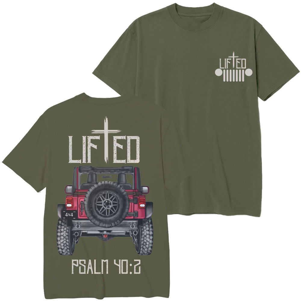 Christian "Lifted" Jp Truck Bible Verse Positive Vibes Double Printed T-Shirt