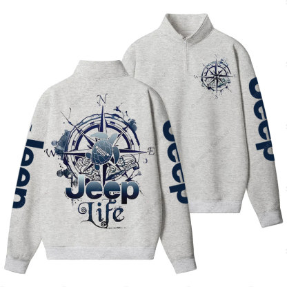 Jp Life Double Printed Compass Sketch Turtle Half-Zip Jacket Sweatshirt