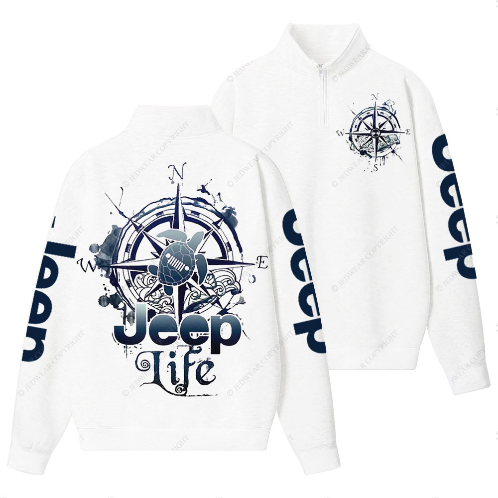 Jp Life Double Printed Compass Sketch Turtle Half-Zip Jacket Sweatshirt