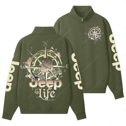 Jp Life Double Printed Compass Sketch Turtle Half-Zip Jacket Sweatshirt