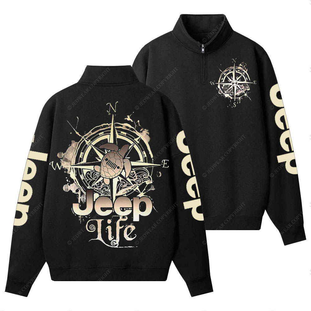 Jp Life Double Printed Compass Sketch Turtle Half-Zip Jacket Sweatshirt