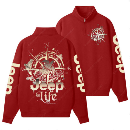 Jp Life Double Printed Compass Sketch Turtle Half-Zip Jacket Sweatshirt