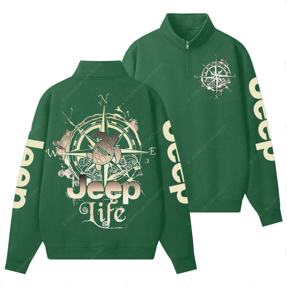 Jp Life Double Printed Compass Sketch Turtle Half-Zip Jacket Sweatshirt