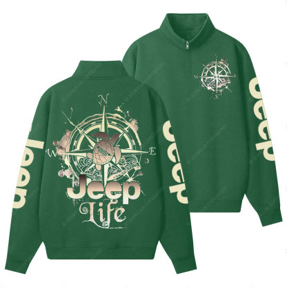 Jp Life Double Printed Compass Sketch Turtle Half-Zip Jacket Sweatshirt