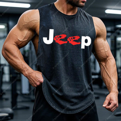 Dinosaur Jp with Red Horror Rex Double Printed Men Tank
