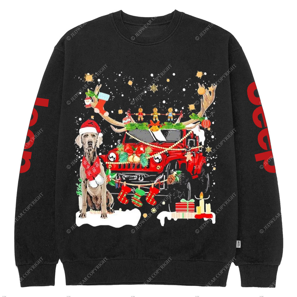 Weimaraner Santa and Jp Reindeer Lights Christmas Crew Neck Sweatshirt