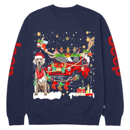 Weimaraner Santa and Jp Reindeer Lights Christmas Crew Neck Sweatshirt