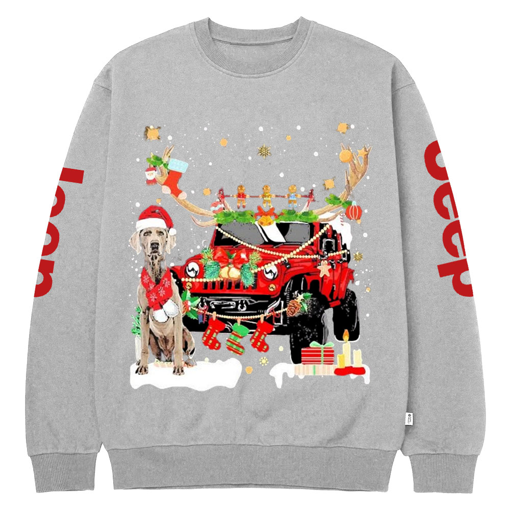 Weimaraner Santa and Jp Reindeer Lights Christmas Crew Neck Sweatshirt