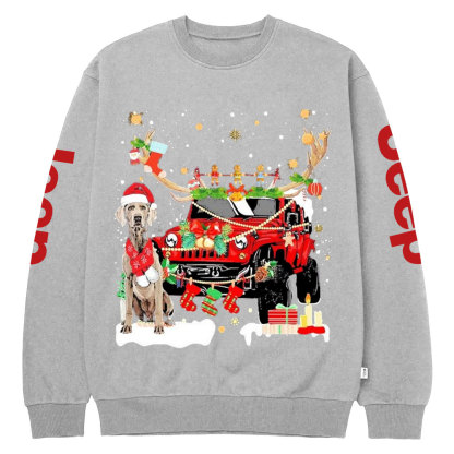 Weimaraner Santa and Jp Reindeer Lights Christmas Crew Neck Sweatshirt