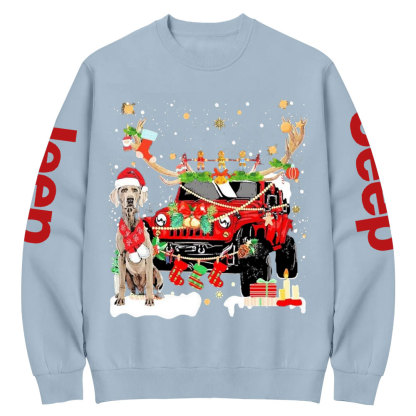 Weimaraner Santa and Jp Reindeer Lights Christmas Crew Neck Sweatshirt
