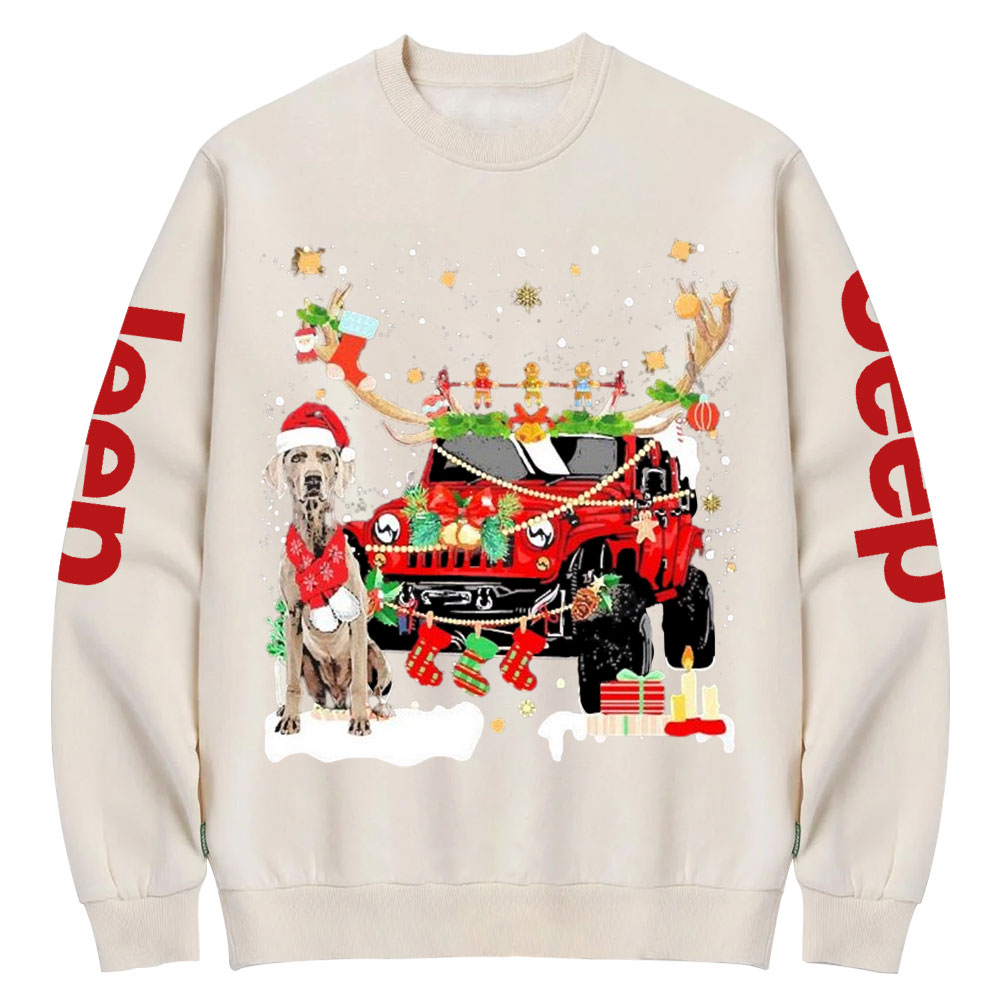 Weimaraner Santa and Jp Reindeer Lights Christmas Crew Neck Sweatshirt
