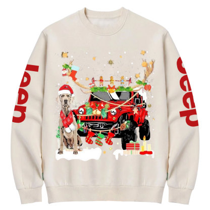 Weimaraner Santa and Jp Reindeer Lights Christmas Crew Neck Sweatshirt