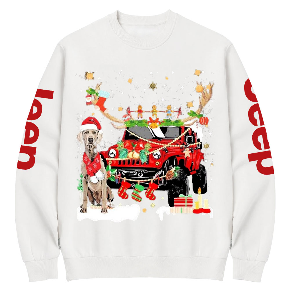 Weimaraner Santa and Jp Reindeer Lights Christmas Crew Neck Sweatshirt