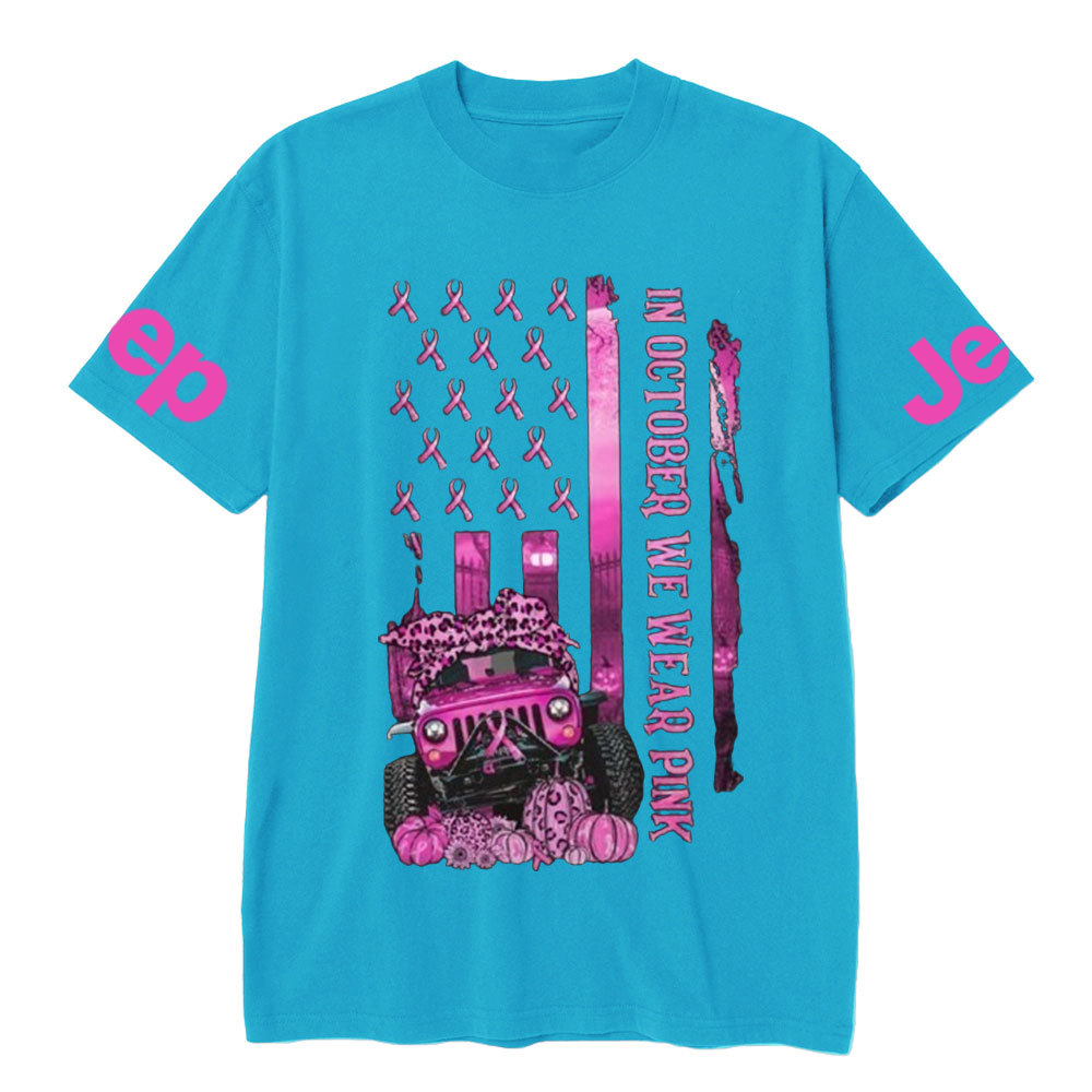 In October We Wear Pink USA Flag Jeep And Pumpkins – Breast Cancer Awareness T-shirt