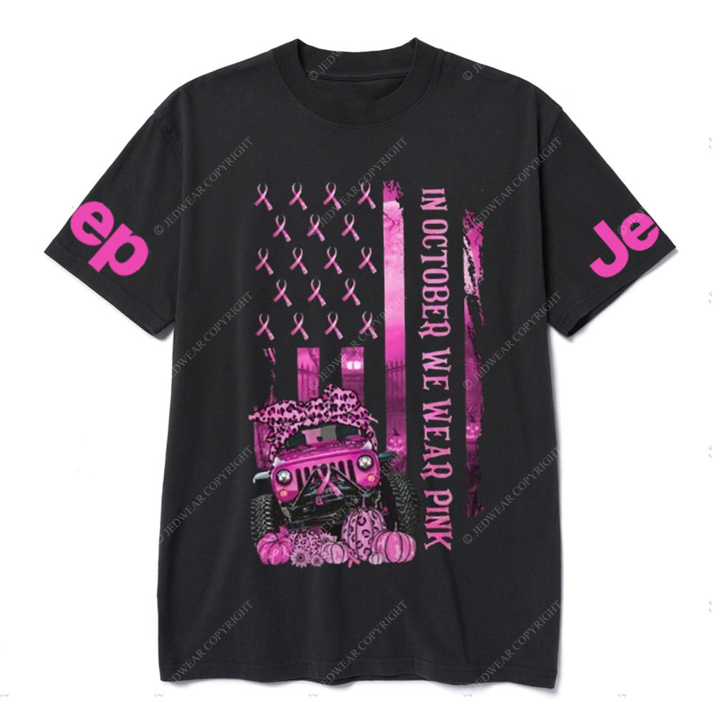 In October We Wear Pink USA Flag Jeep And Pumpkins – Breast Cancer Awareness T-shirt