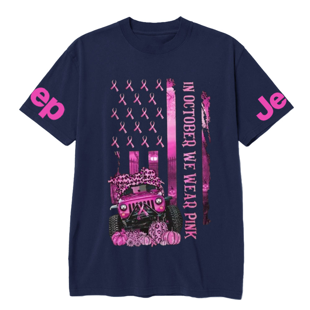 In October We Wear Pink USA Flag Jeep And Pumpkins – Breast Cancer Awareness T-shirt