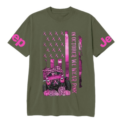 In October We Wear Pink USA Flag Jeep And Pumpkins – Breast Cancer Awareness T-shirt