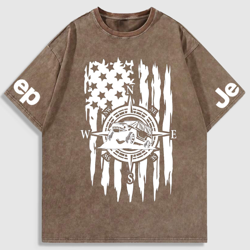 US Compass Car Mountains Flag Washed T-Shirt