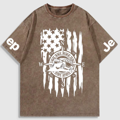 US Compass Car Mountains Flag Washed T-Shirt