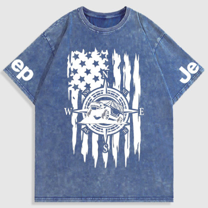 US Compass Car Mountains Flag Washed T-Shirt