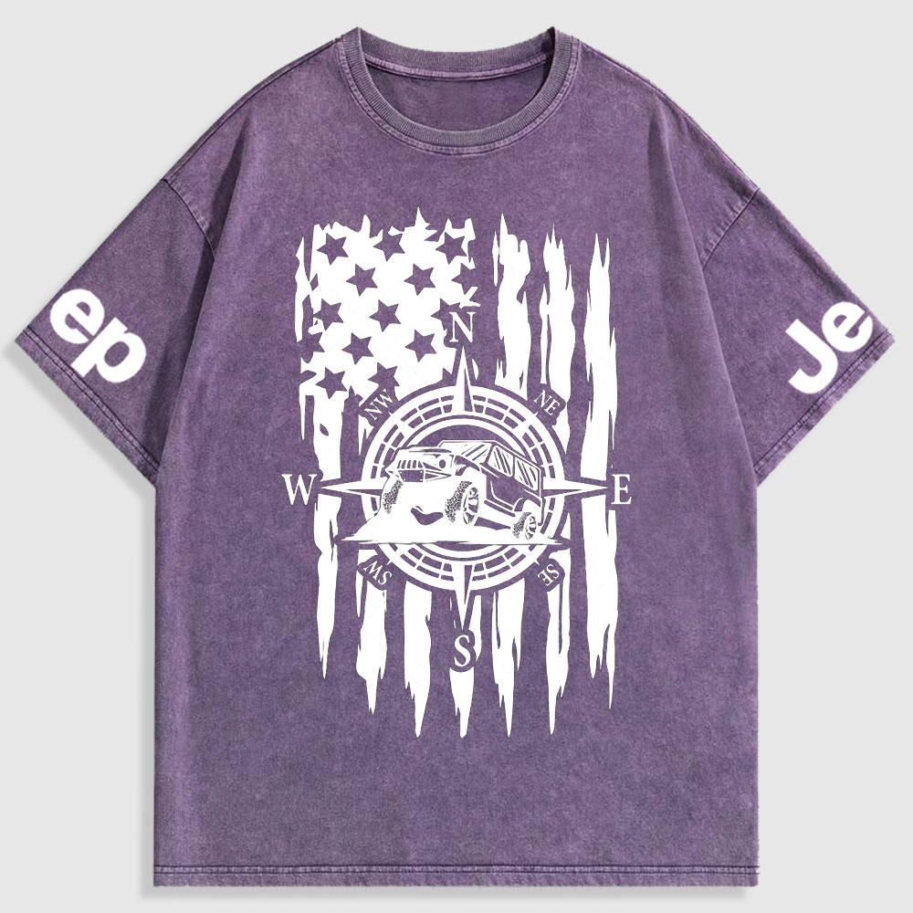 US Compass Car Mountains Flag Washed T-Shirt